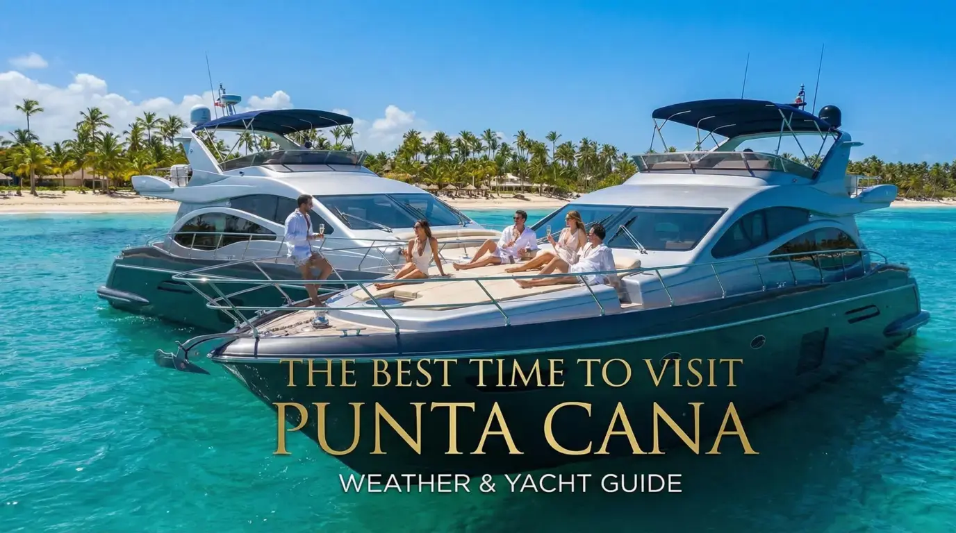 Guests in white relaxing with drinks on two motor yachts anchored off a palm-lined Punta Cana beach