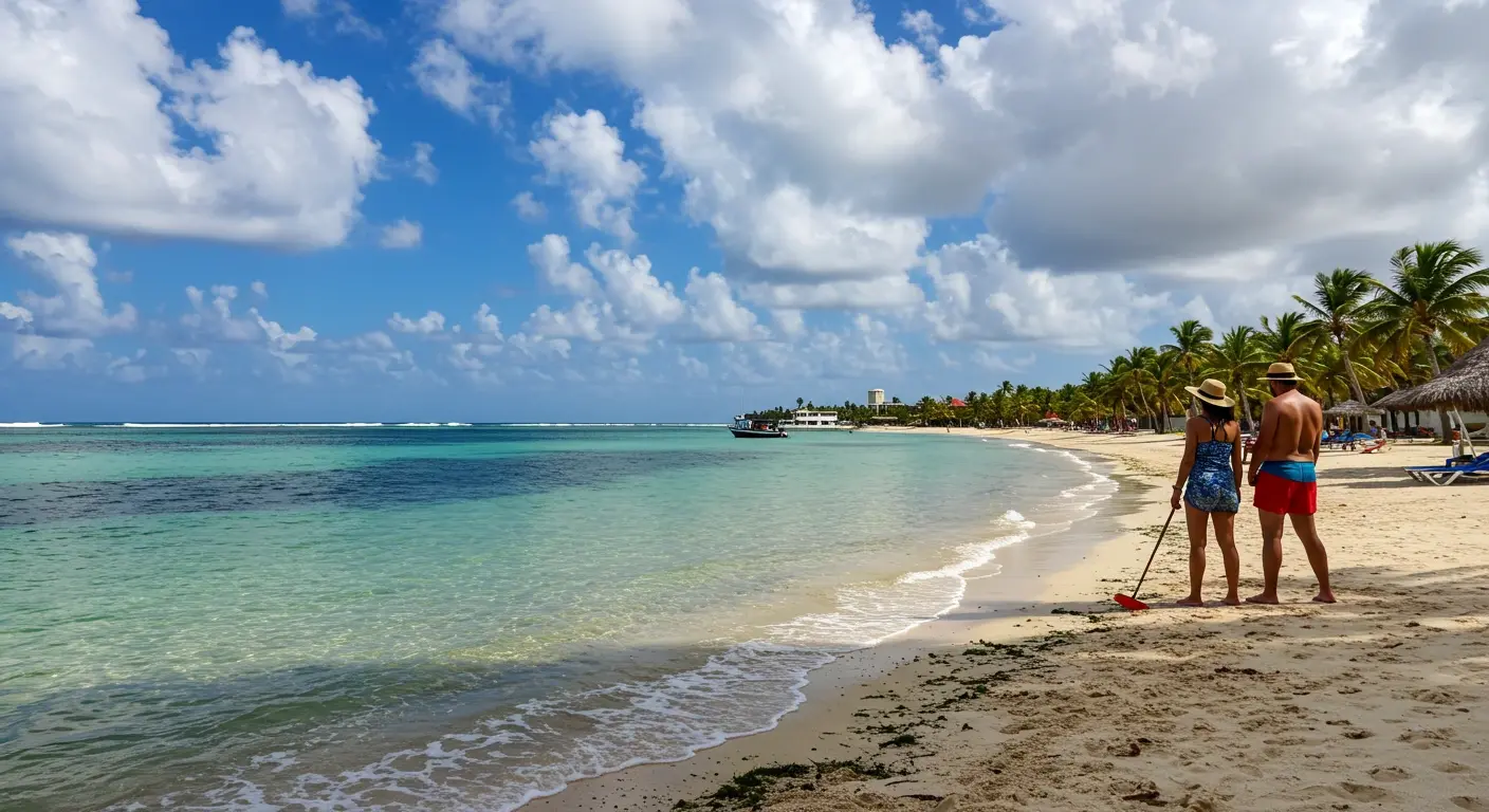 Couple in straw hats on a palm-lined Isla Mujeres beach by calm turquoise water, with a small motorboat offshore