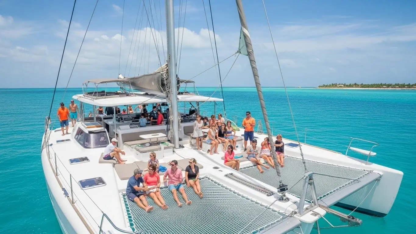 Shared catamaran tour in Cancun with travelers enjoying a social cruise on the Caribbean Sea