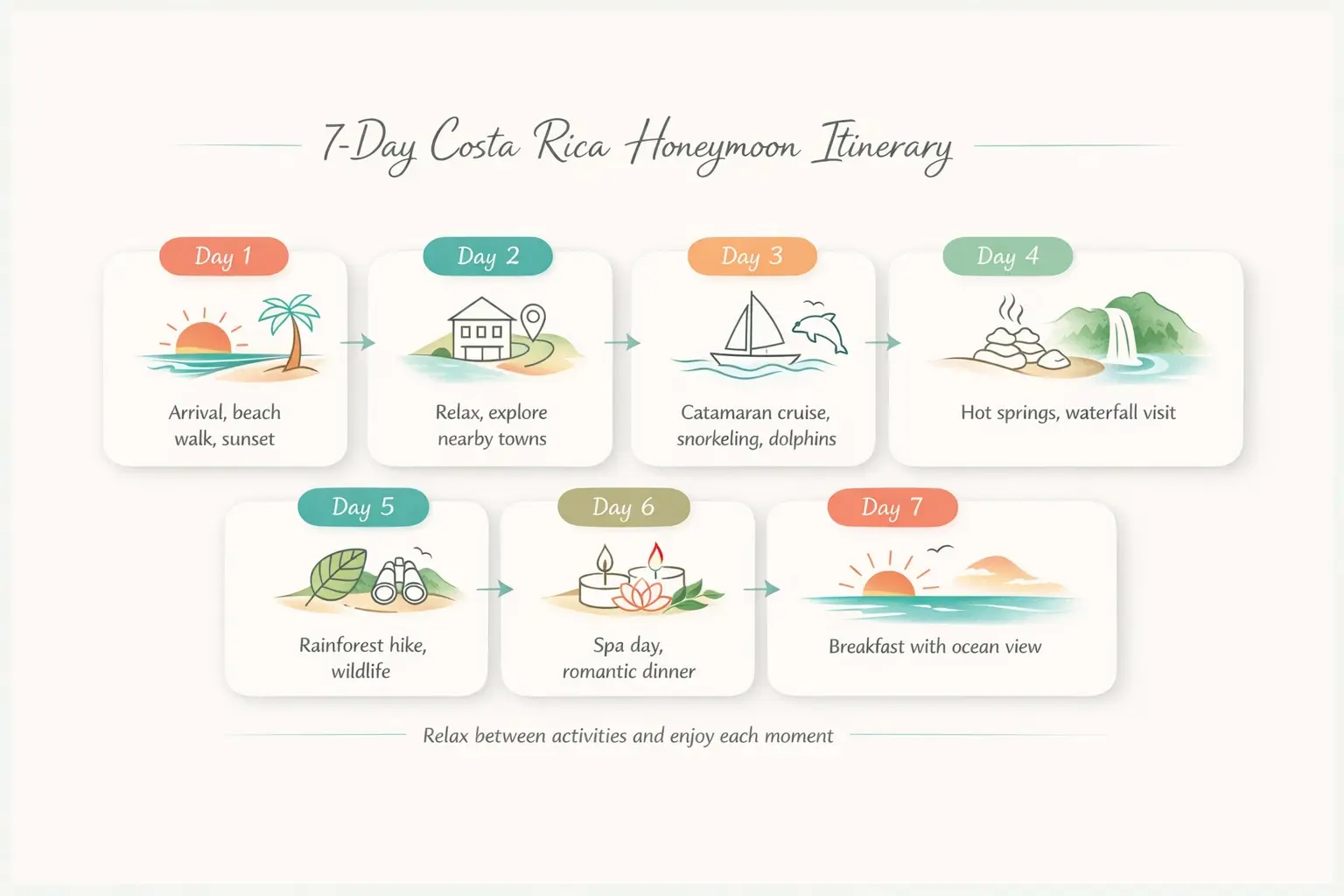 7-day Costa Rica honeymoon itinerary showing daily activities like beach walks, catamaran cruise, rainforest hike, hot springs, spa, and ocean view breakfast