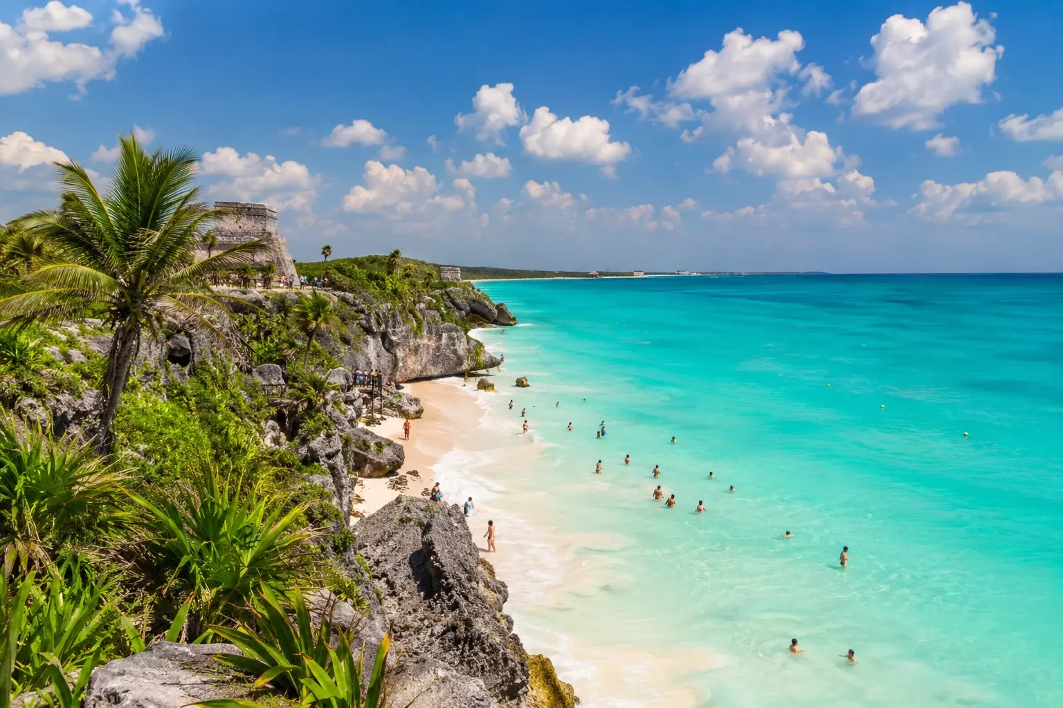 Cancun weather April collage showing sunny beaches, snorkeling in clear turquoise water, catamaran sailing, Mayan ruins, cenotes, and colorful local culture in Cancun.