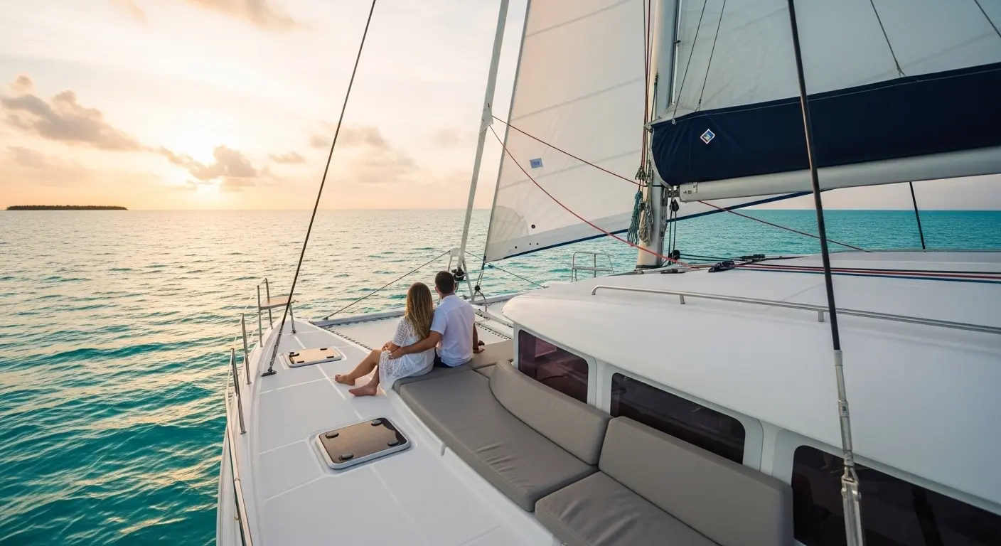 Couple relaxing on a private catamaran in Cancun at sunset with turquoise water and romantic atmosphere