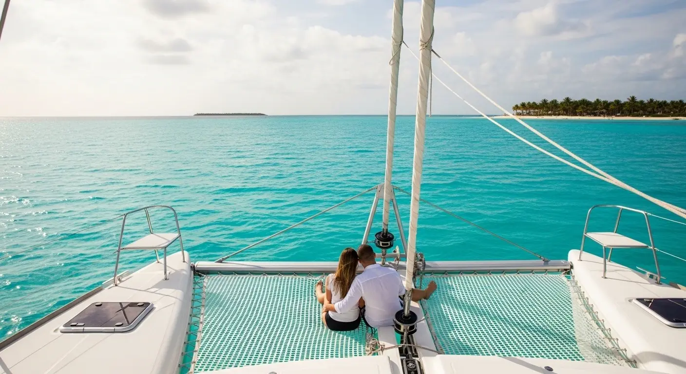 Couple relaxing on a luxury catamaran sailing in turquoise Cancun waters near Isla Mujeres, enjoying a peaceful and romantic day trip near the best place to stay in Cancun for couples.
