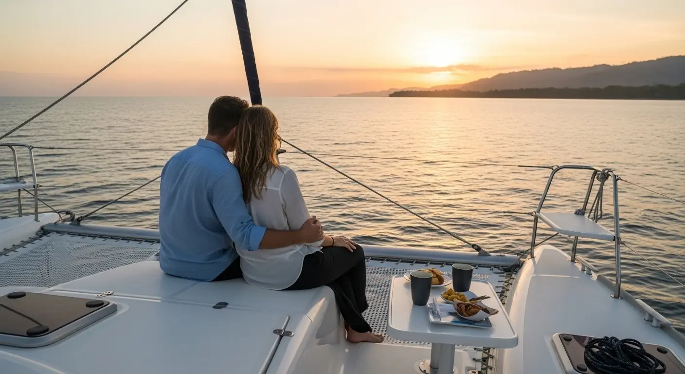 Couple sitting together from behind holding hands on a sunset catamaran cruise in Costa Rica, with calm ocean waters, warm golden sky, and tropical coastline creating a romantic experience for couples.