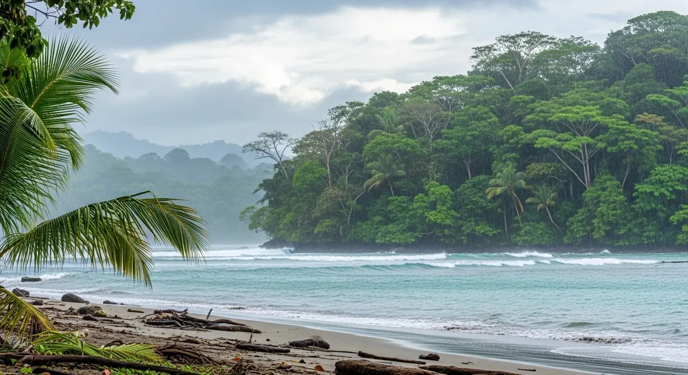 Rain falling over a rainforest-covered headland and a driftwood-strewn beach on a gray day in Costa Rica