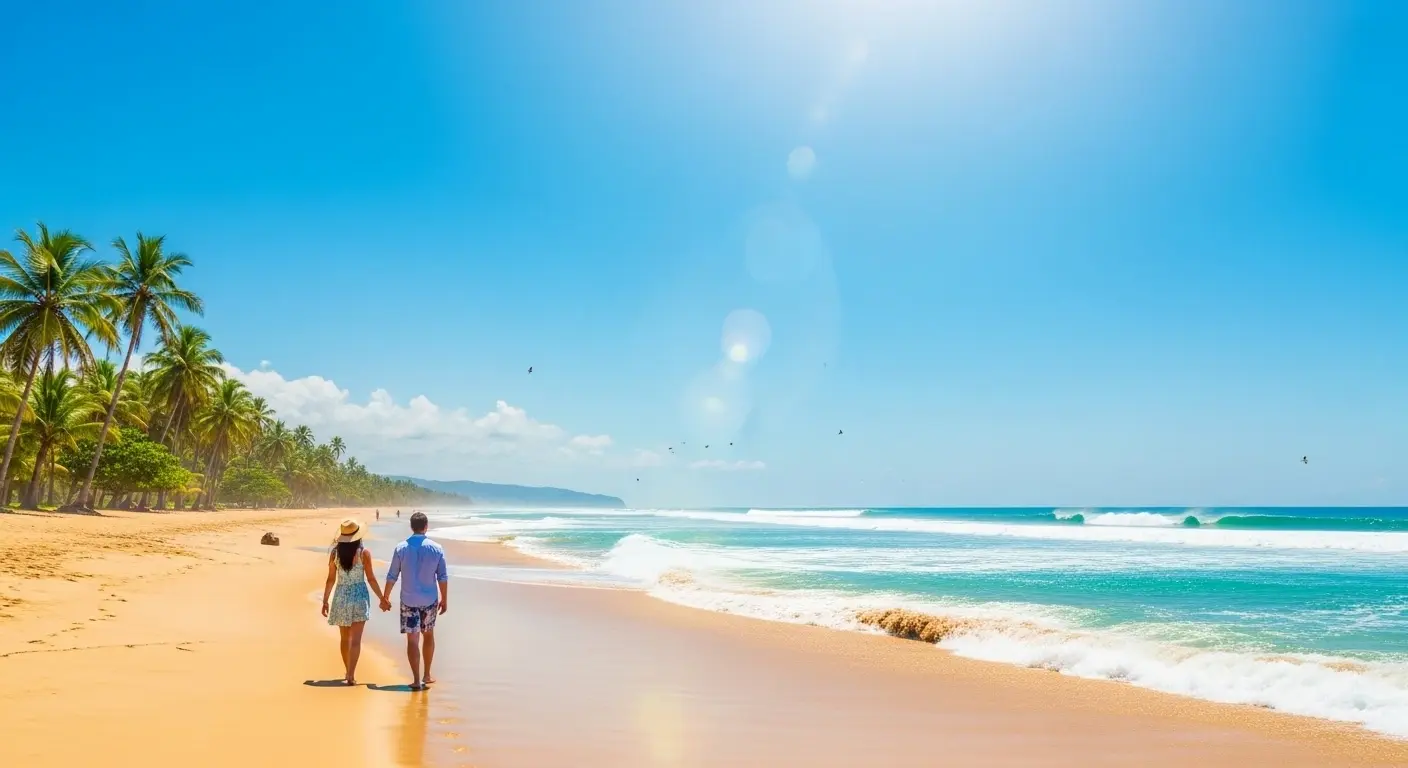 Couple walking hand in hand on a sunny palm-lined Costa Rica beach as waves roll ashore
