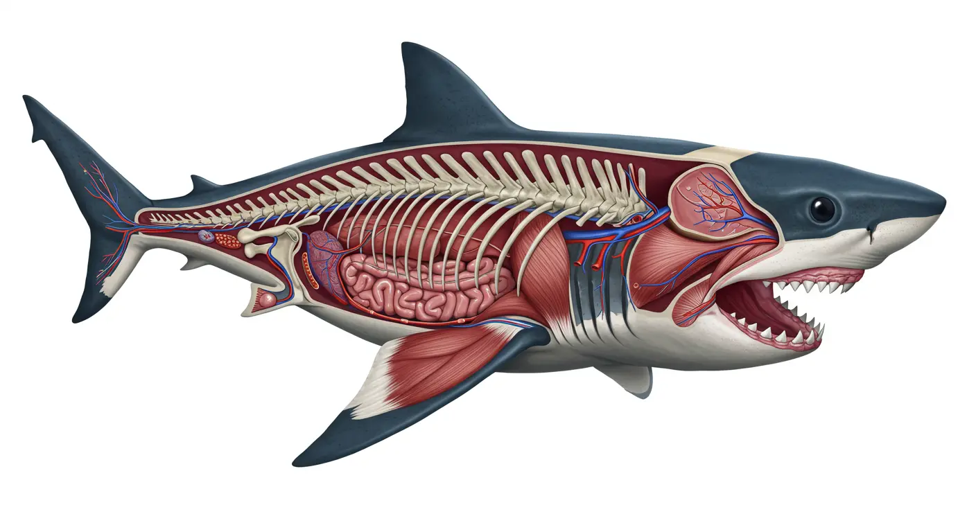 Anatomical cutaway illustration of a shark showing its spine, gills, intestines, muscles and blood vessels
