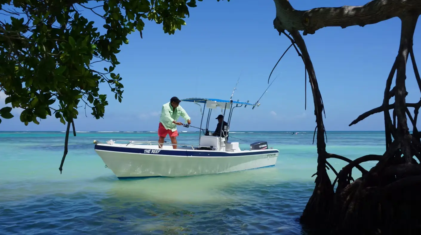 Center-console fishing boat in calm shallows off Punta Cana, framed by mangroves