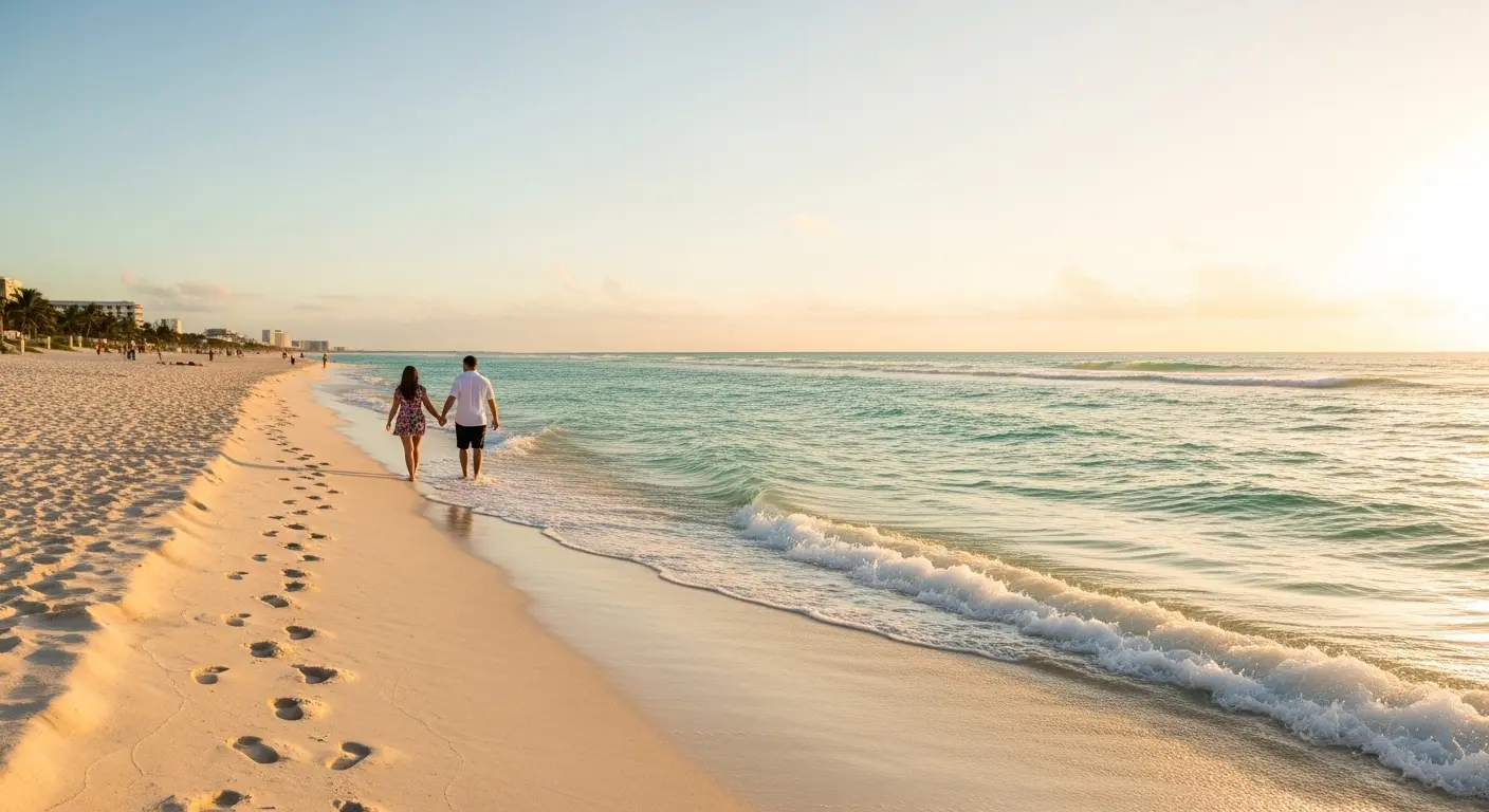 Couple walking along a calm Cancun beach at sunset with soft white sand, gentle turquoise waves, and a peaceful romantic honeymoon atmosphere