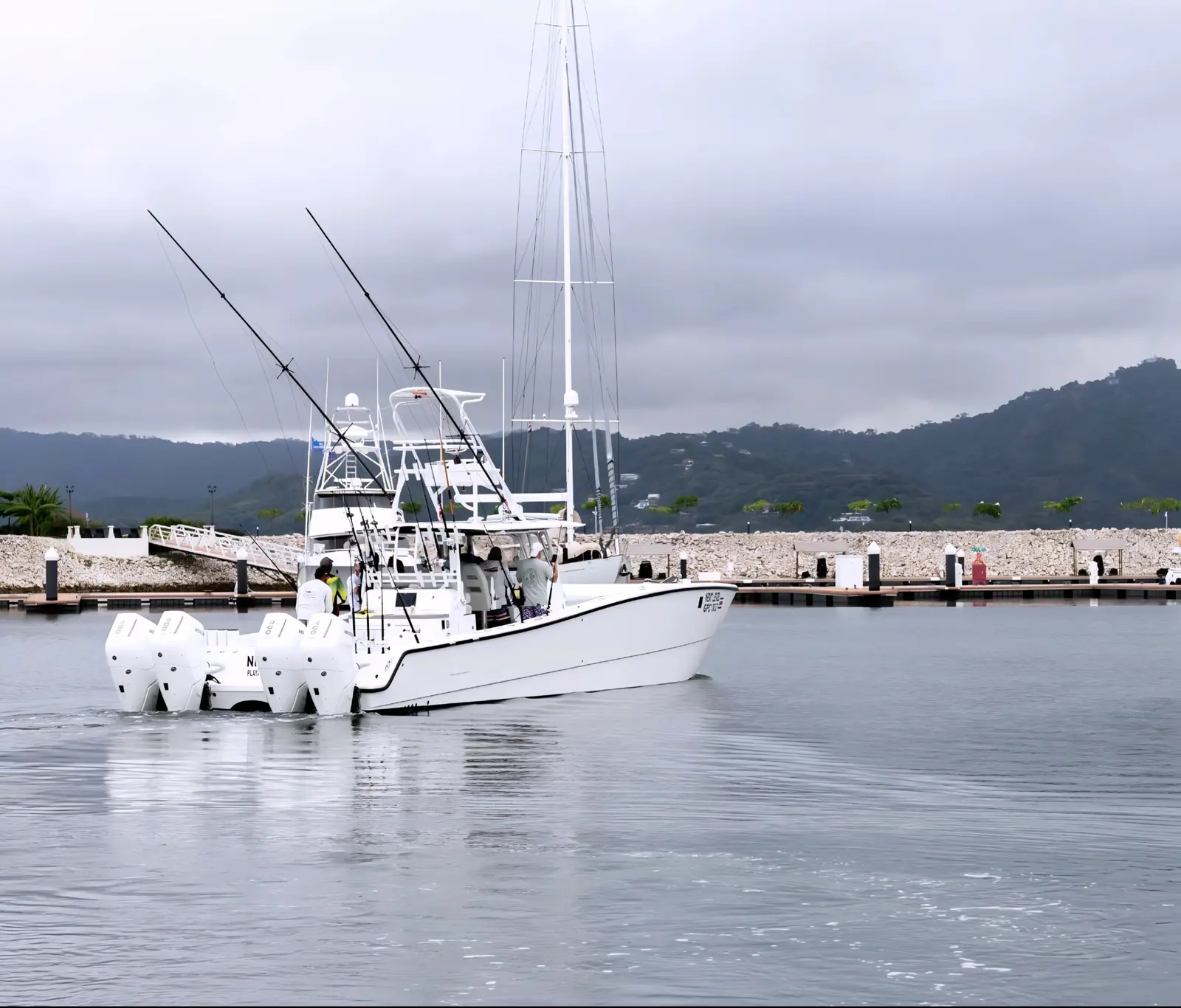Sportfishing boat with outriggers in a Costa Rica marina