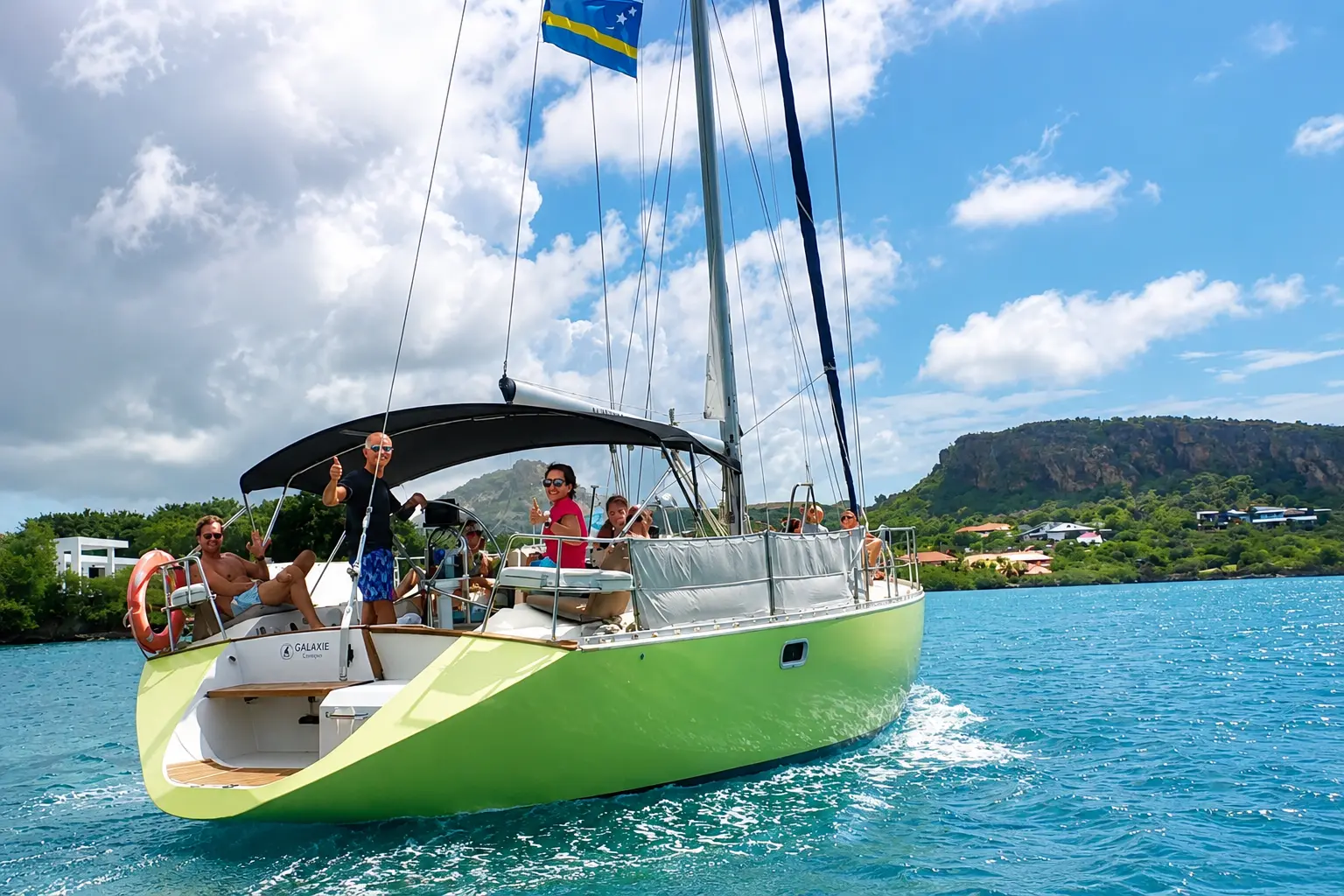 Lime-green sailing yacht carrying guests under its bimini past a flat-topped hill on the Spanish Waters