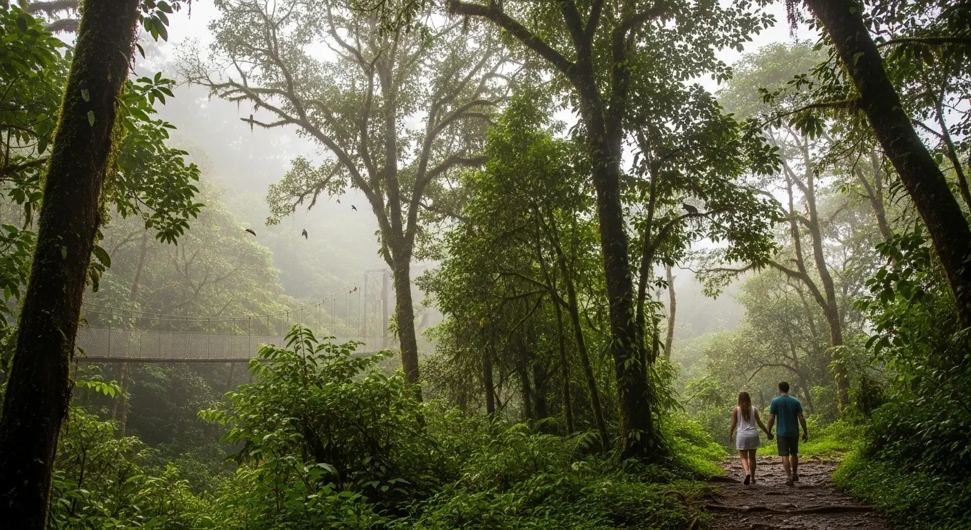 Couple walking hand in hand along a misty trail in Monteverde Cloud Forest Costa Rica surrounded by lush greenery and tall trees.