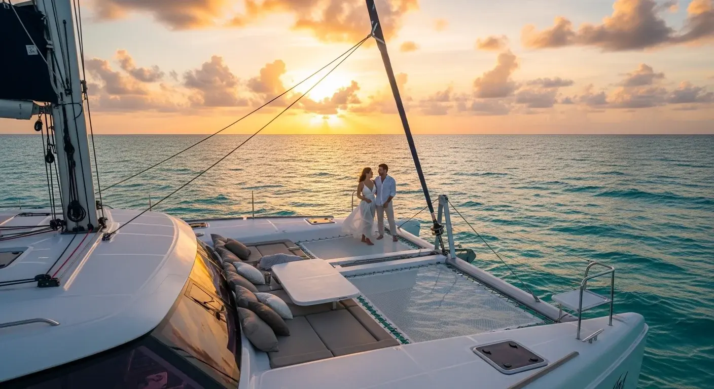 Couple enjoying a private sunset date cruise catamaran in Cancun with calm ocean views and romantic golden sky