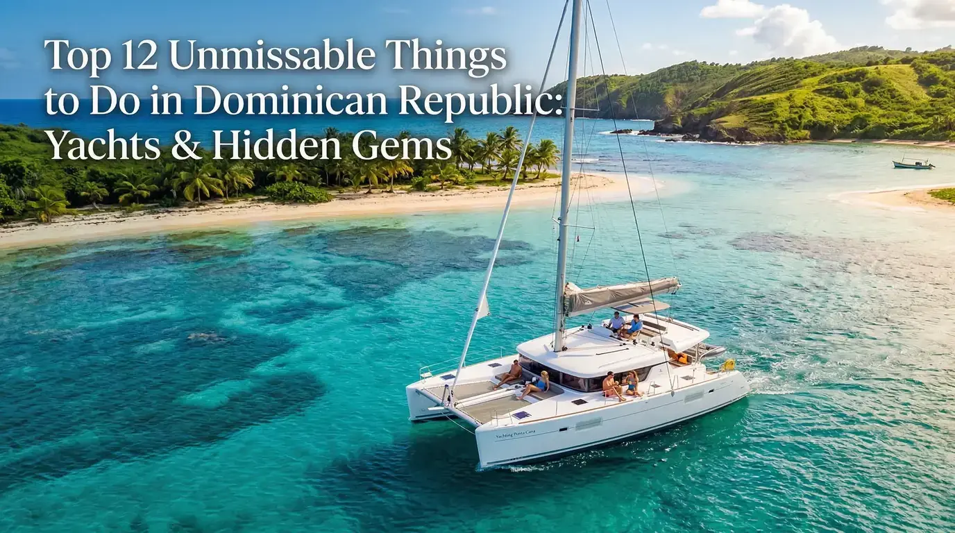 Aerial view of a catamaran with guests over turquoise reefs off a palm-lined Dominican Republic beach