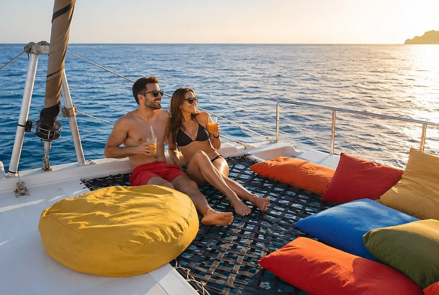 A couple with drinks lounging on the catamaran's bow nets amid bright cushions at sunset off Puerto Vallarta