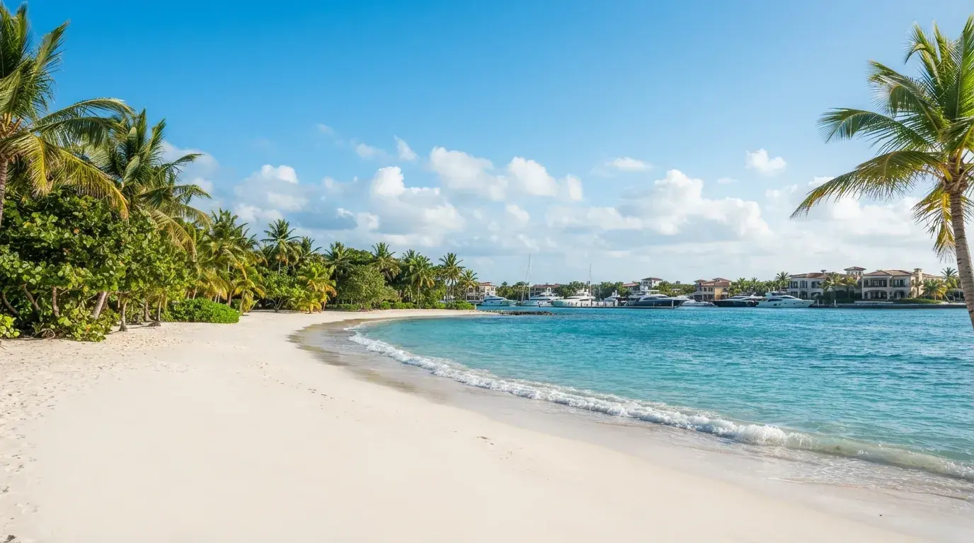 White-sand beach curving toward a marina lined with yachts and villas in Cap Cana, framed by palm trees