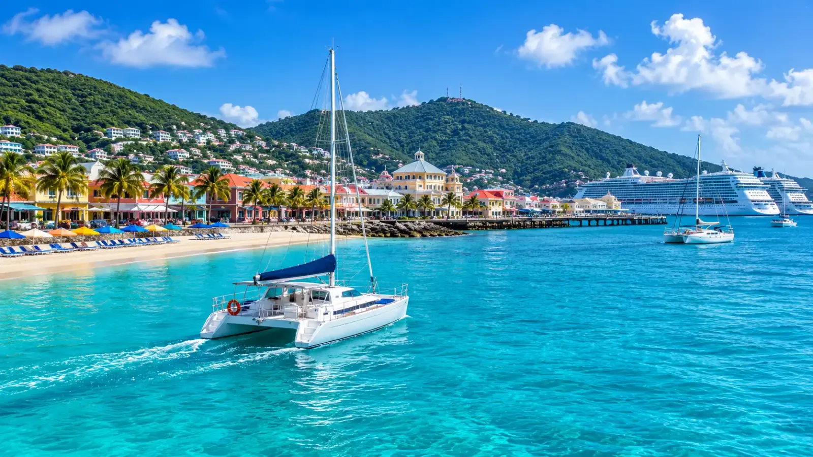 Catamaran sailing past Philipsburg's palm-lined beach and colorful waterfront, with cruise ships docked nearby
