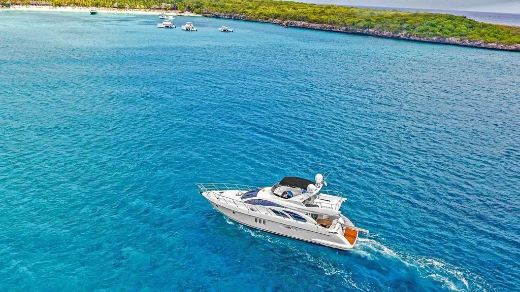 Aerial view of a flybridge motor yacht cruising along a green coastline near Punta Cana