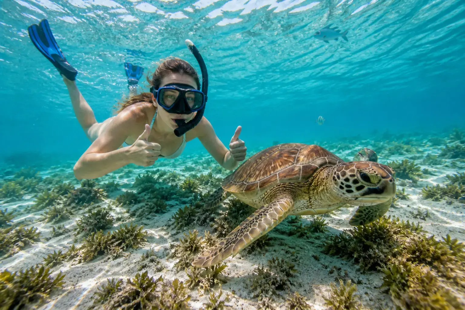 Snorkeler swimming near a sea turtle in clear water in Akumal with marine life and sandy seabed