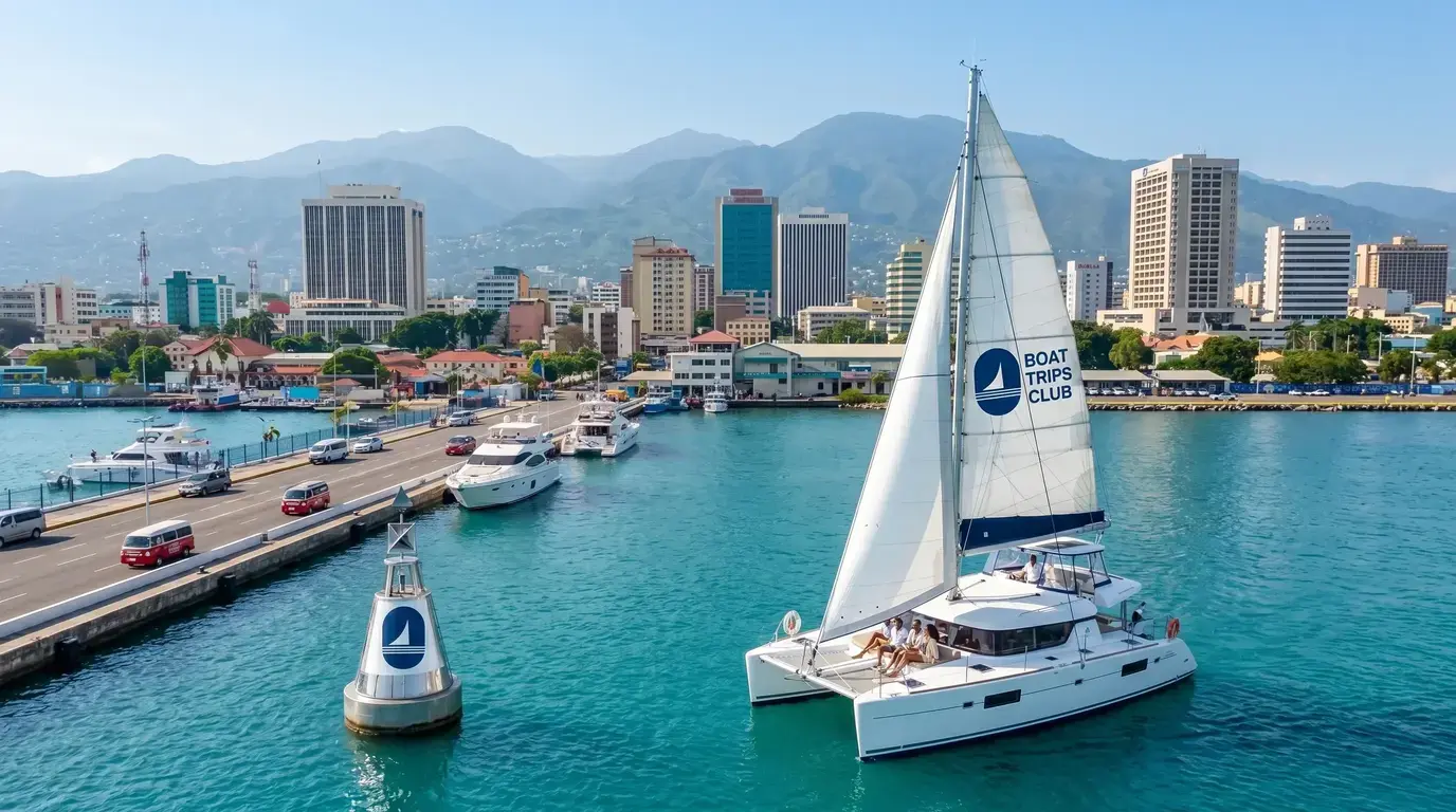 Sailing catamaran with guests cruising past the Kingston waterfront, with high-rises and mountains behind
