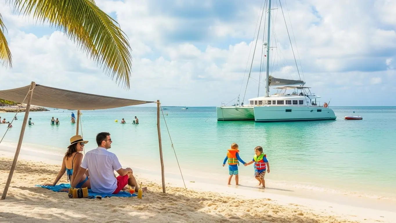 Family relaxing at Playa Norte in Isla Mujeres while children play safely in shallow water near a catamaran
