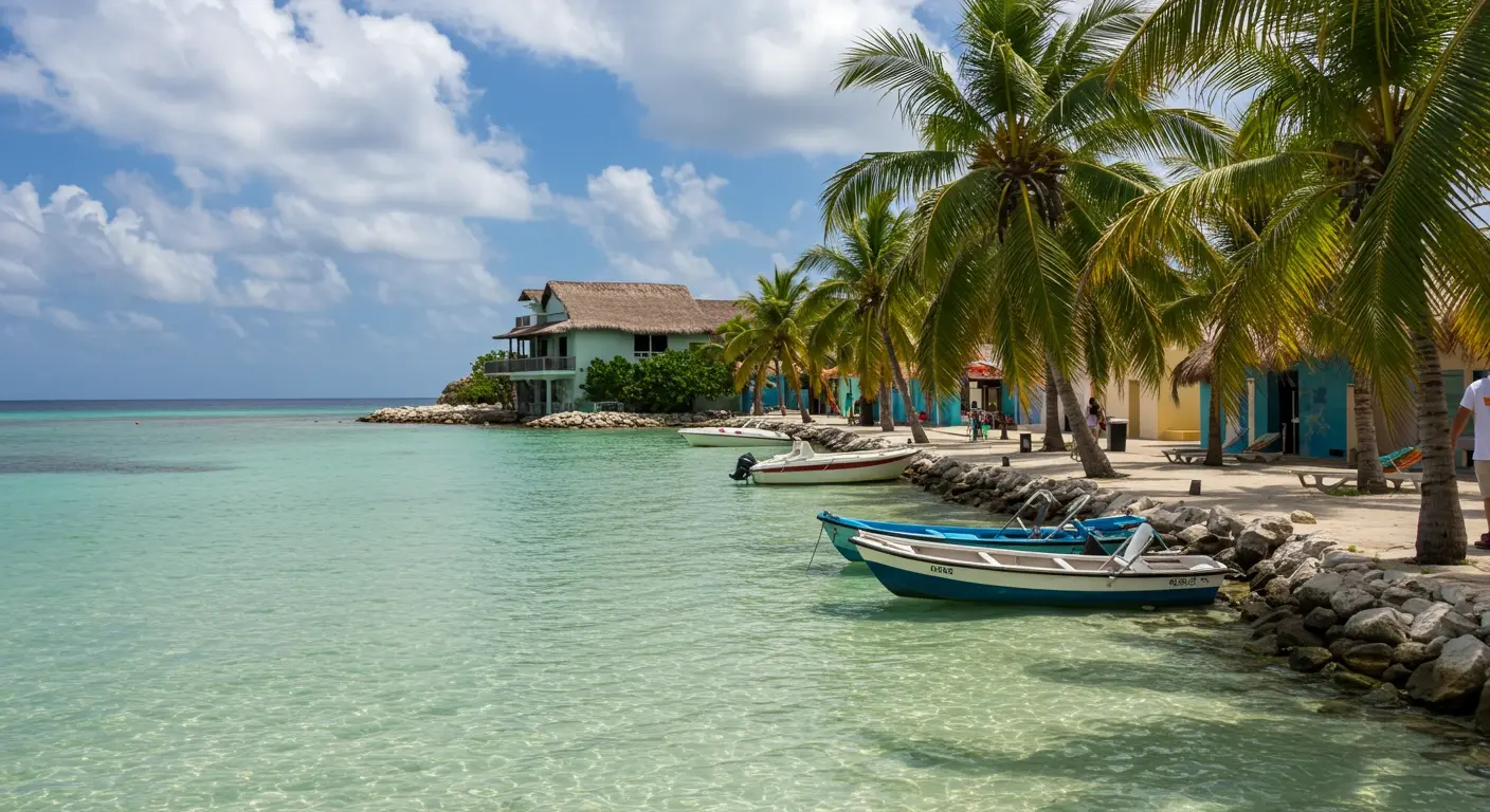 Small motorboats moored by a rocky seawall in clear shallows, with palms and thatched houses on Isla Mujeres