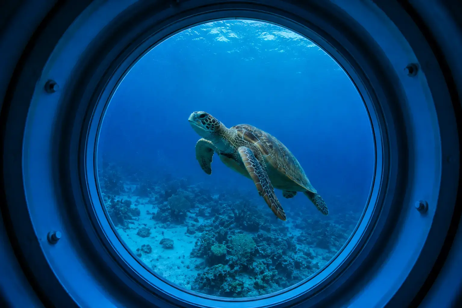 Sea turtle swimming over the coral reef at El Cielo, one of the best things to do in Cozumel for snorkeling and marine life.