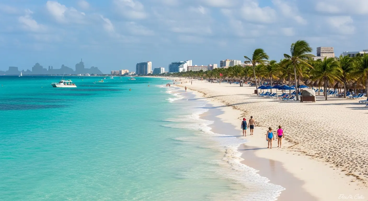 Scenic Cancun beach with turquoise water, white sand, and palm trees, representing relaxing and exploring experiences in well-planned Cancun Itineraries