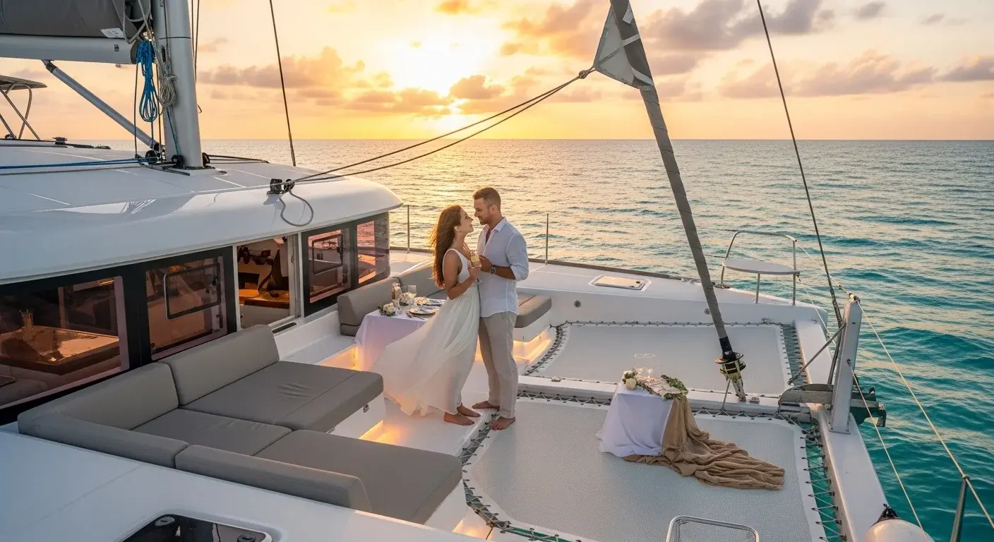 Couple enjoying a romantic sunset celebration on the best anniversary catamaran in Cancun with calm turquoise ocean views