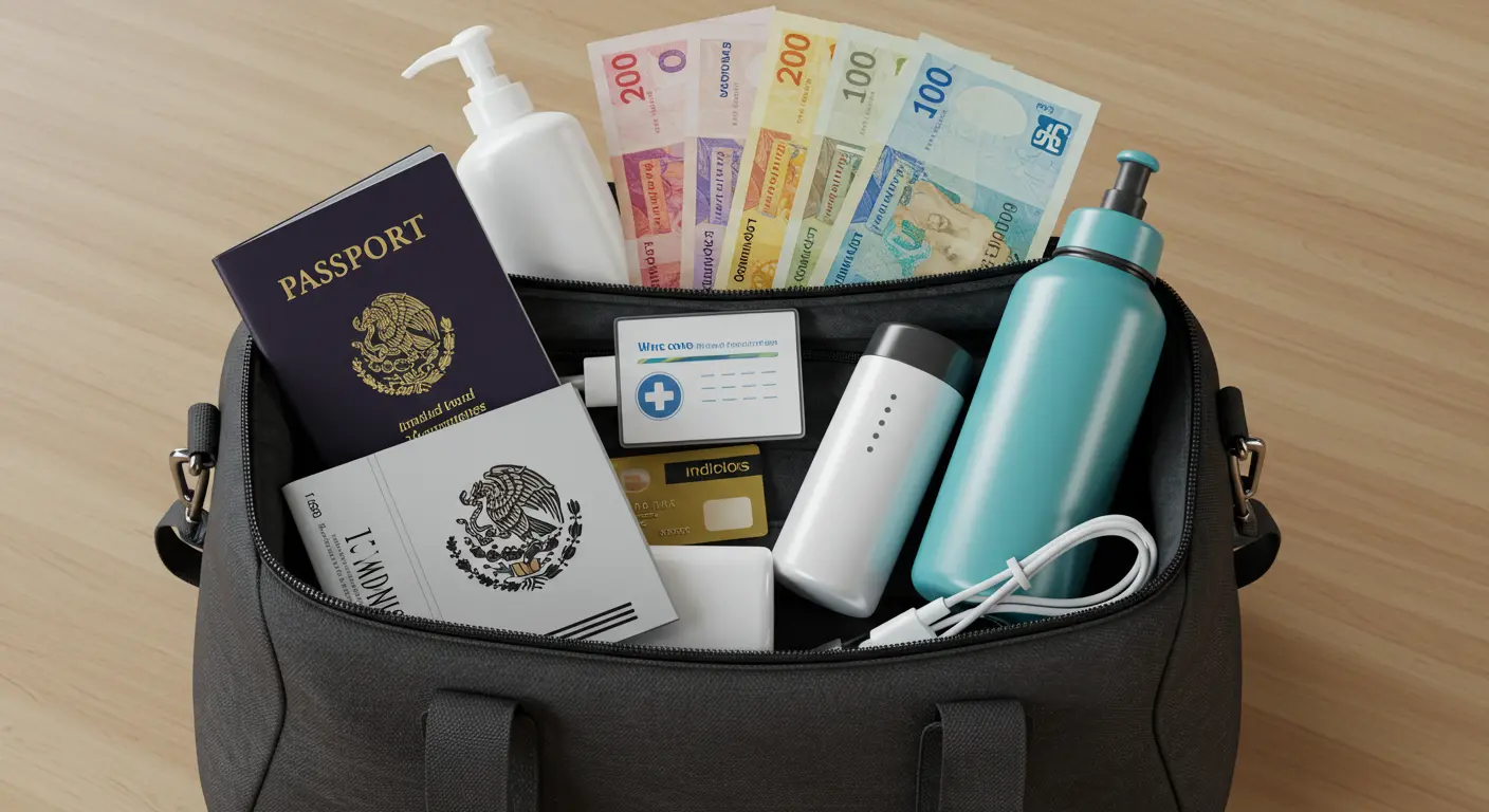 Open travel bag holding a passport, lotion, a power bank, charging cable and a reusable water bottle