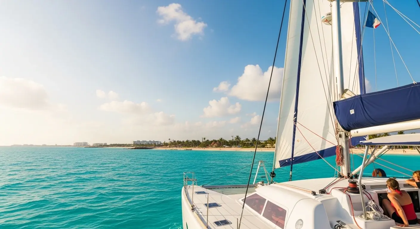 Catamaran tour in Cancun in August with calm seas and tropical views