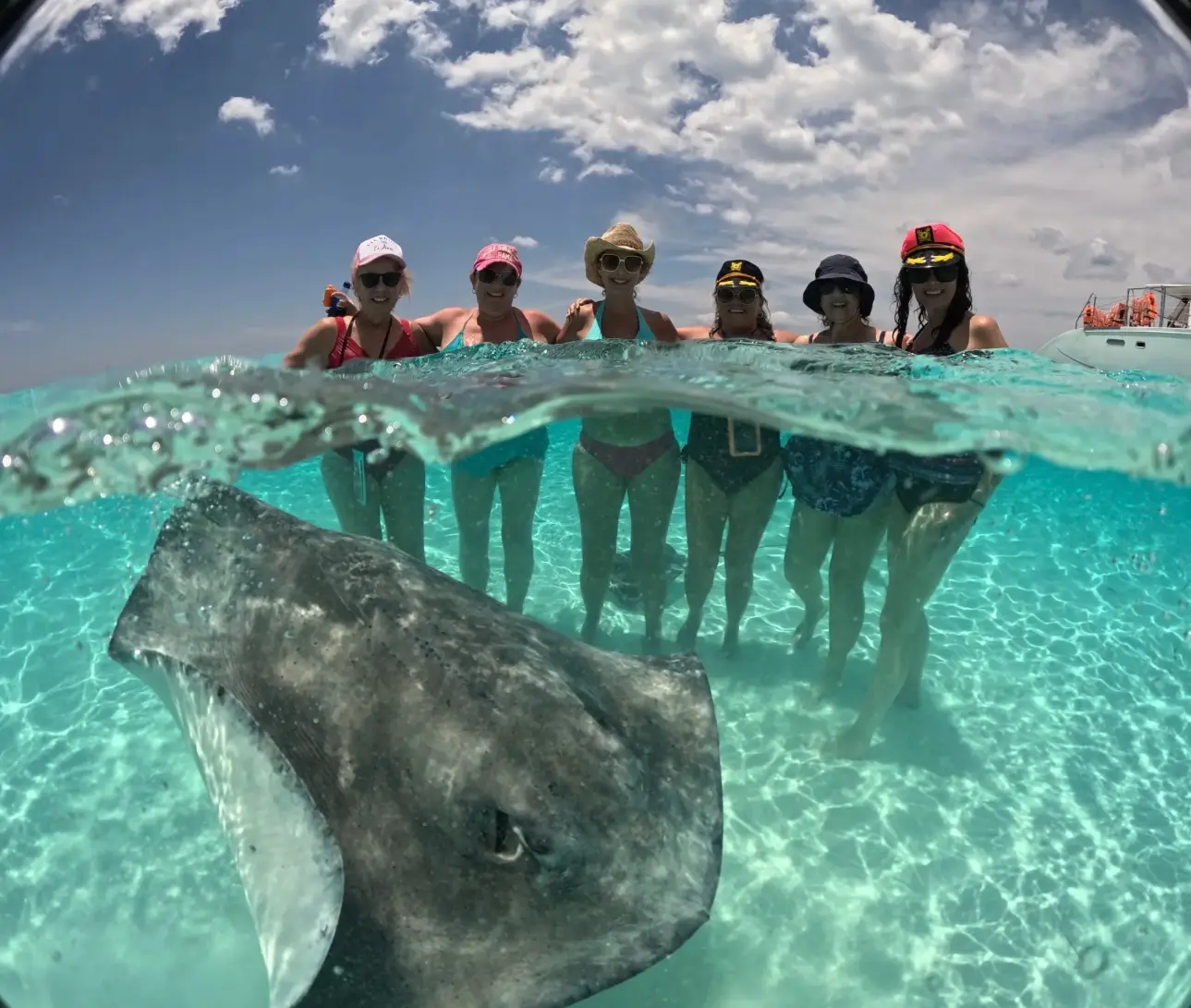 Split-level shot of six women posing in Cozumel's shallows as a stingray glides past underwater