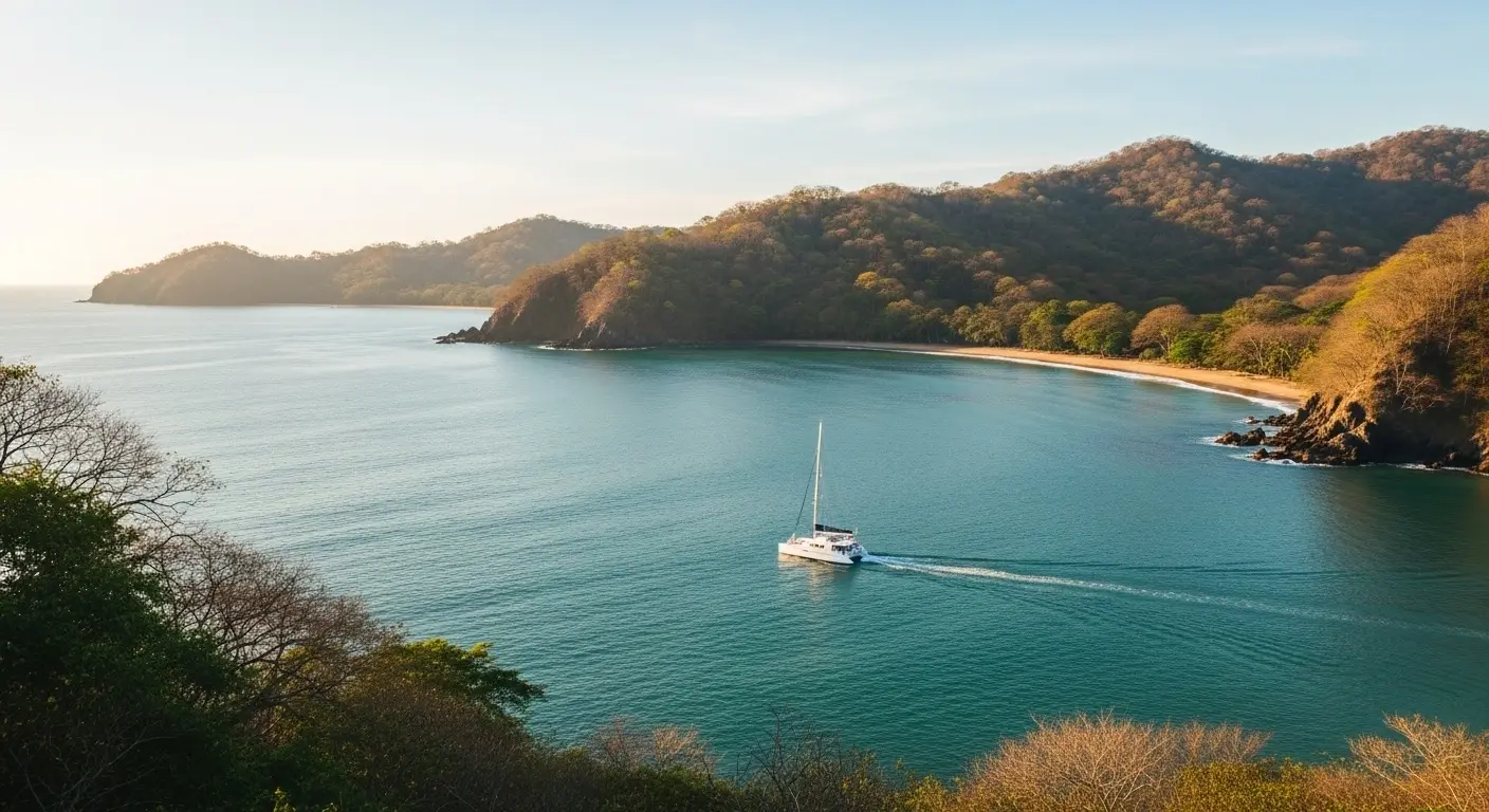 Sailing catamaran crossing a calm bay ringed by dry forested hills and a sandy beach in Papagayo at golden hour