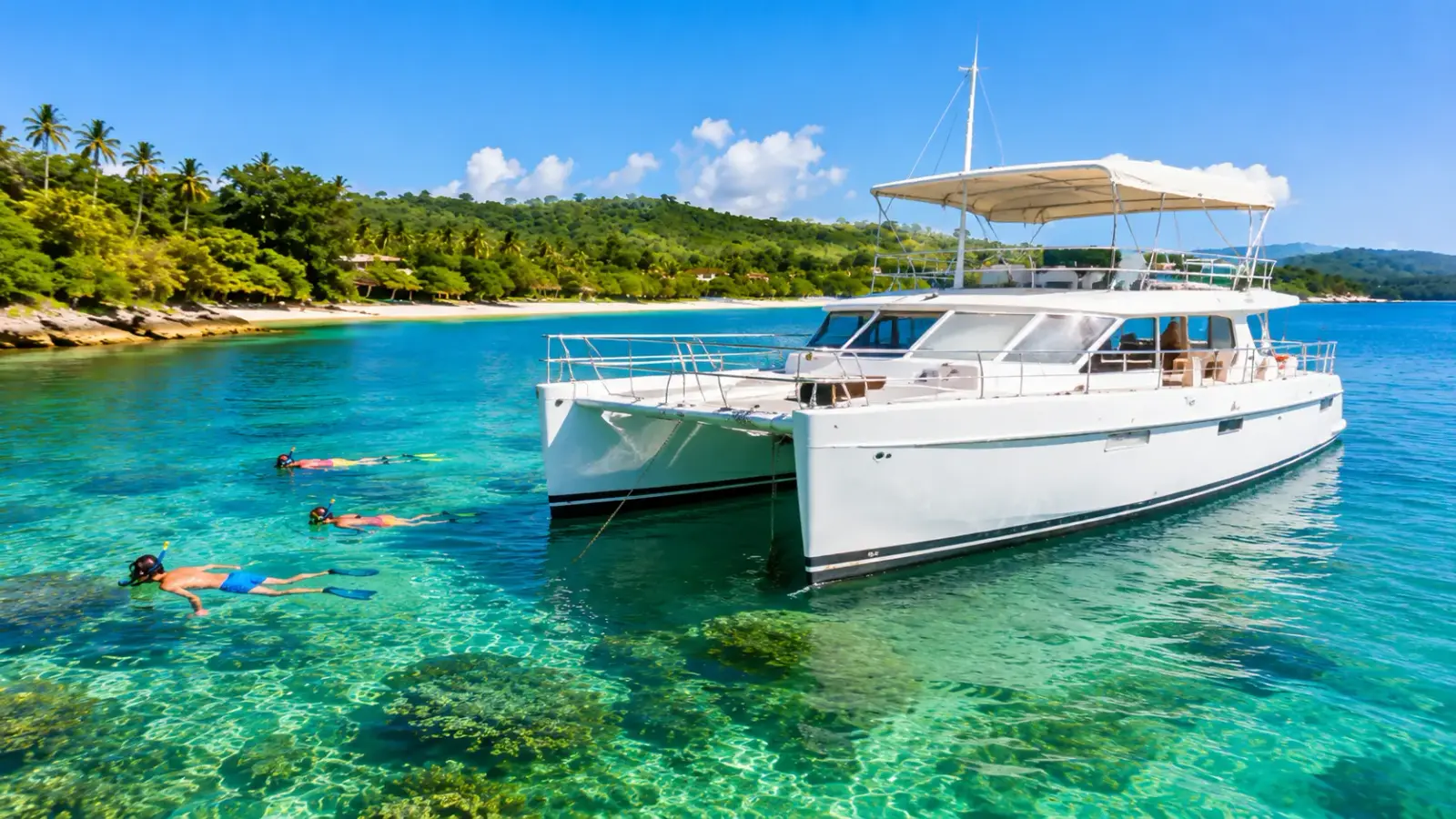 Close-up white catamaran with snorkelers over clear reef water in Sosúa Bay, Puerto Plata.