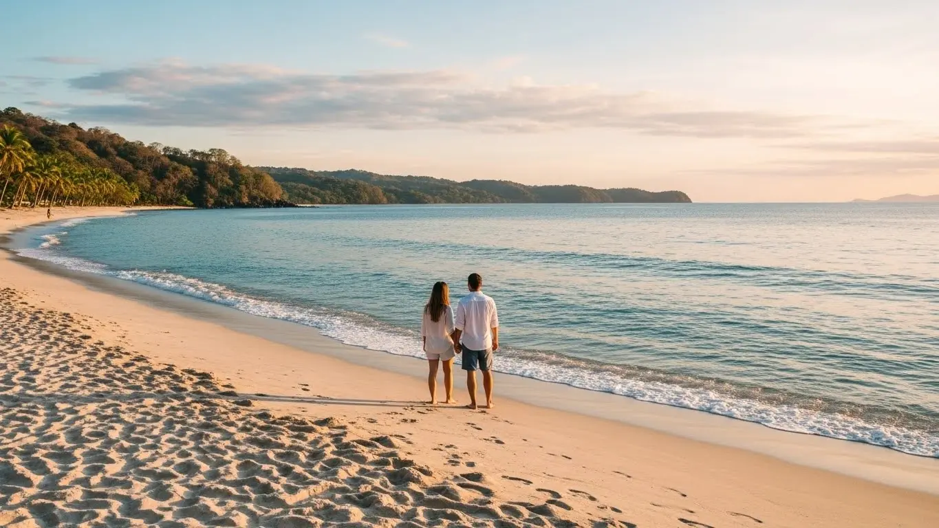 Couple holding hands at the water's edge at Playa Flamingo in golden light, with forested hills across the bay