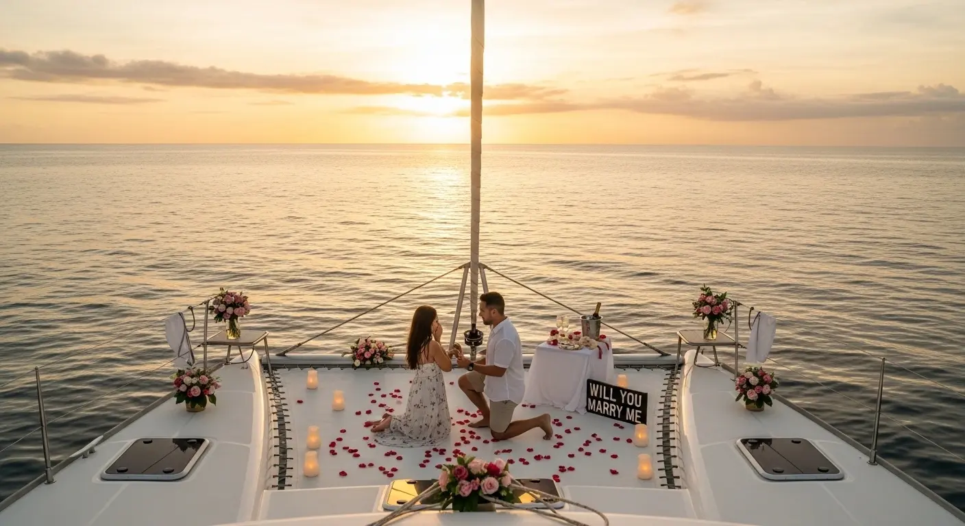 Couple sharing a sunset proposal on a decorated catamaran in Costa Rica, with flowers, lanterns, and rose petals creating a romantic setting on calm ocean waters.
