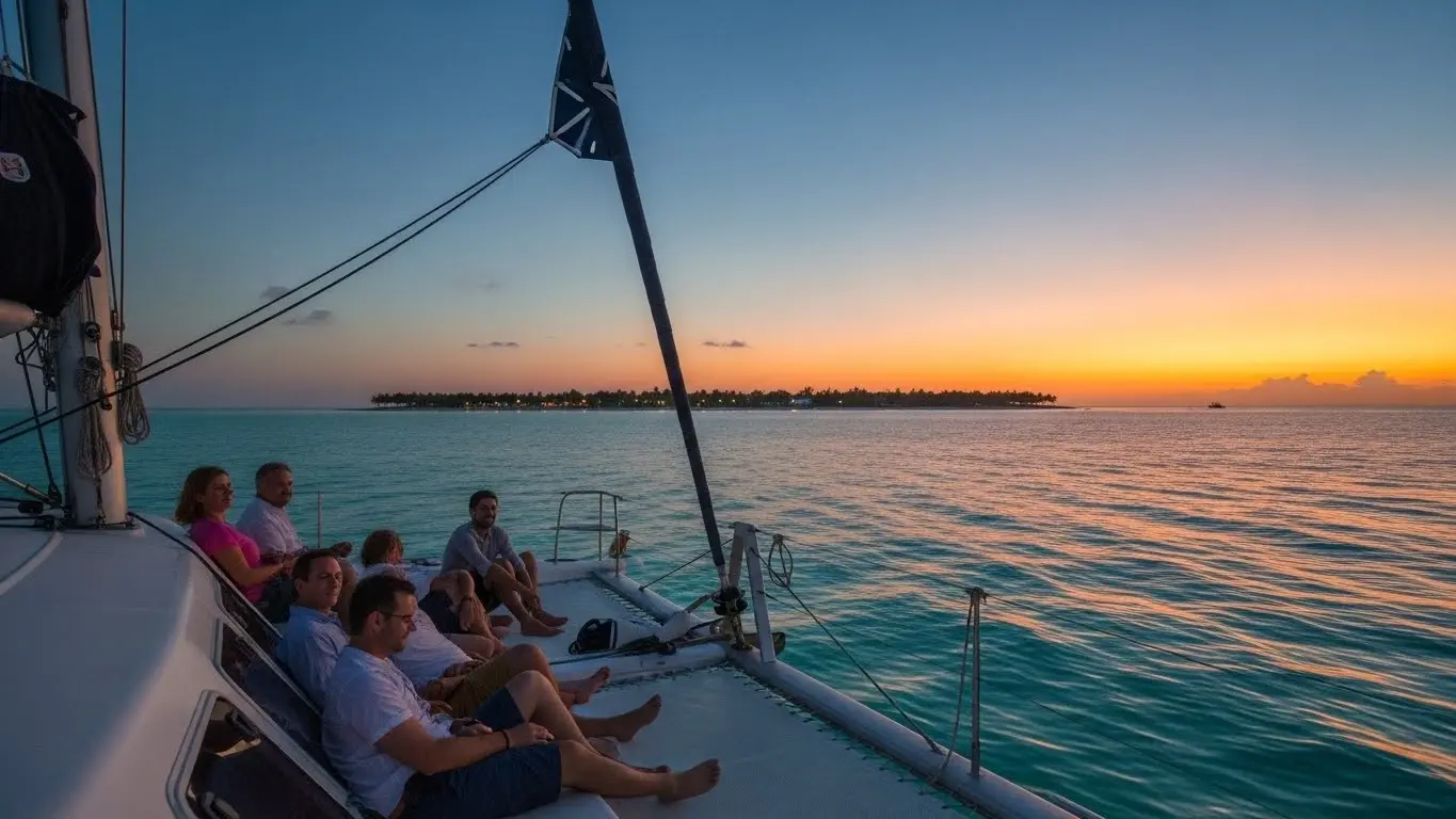 Evening catamaran ride near Isla Mujeres with sunset skies and calm waters, showcasing a peaceful alternative to nightlife.