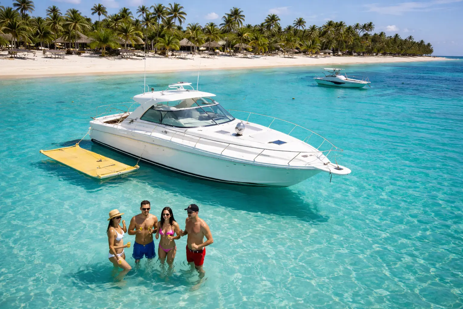 Four friends wade in clear shallows in front of a motor yacht and its yellow floating mat off Cap Cana