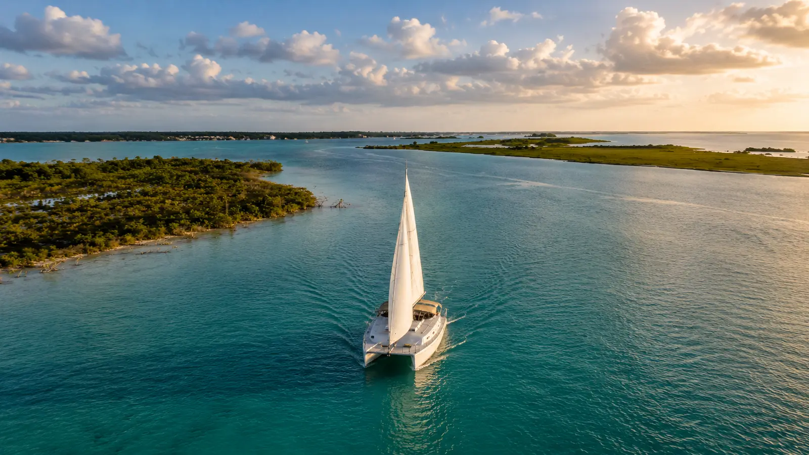 Sailing catamaran cruising the turquoise Bacalar Lagoon between mangrove shores