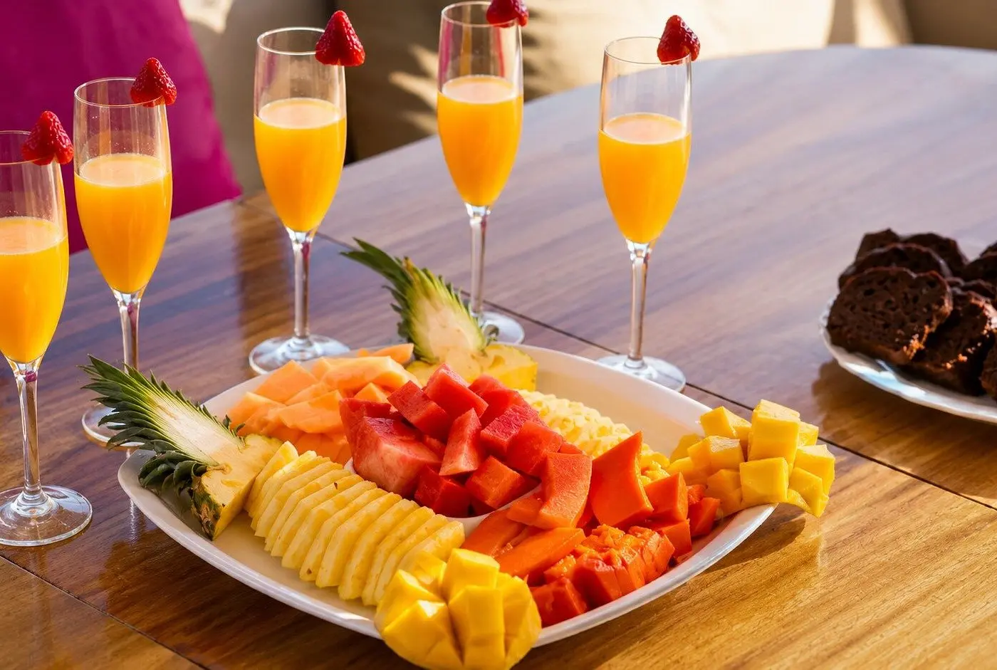 Orange drinks in champagne flutes topped with strawberries beside a platter of fresh tropical fruit