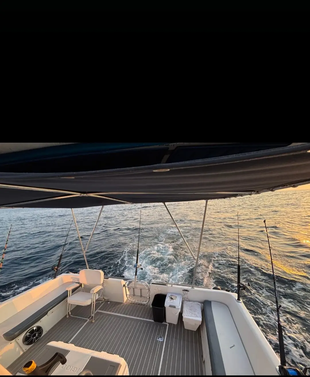 Fishing rods lined along the yacht's cockpit as it cruises Banderas Bay, wake glowing in the sunset light